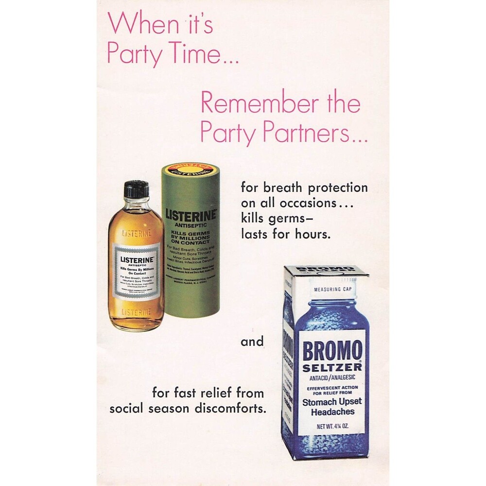 1970 Vintage Listerine Bromo Seltzer Print Ad Party Time Medical Advertising art